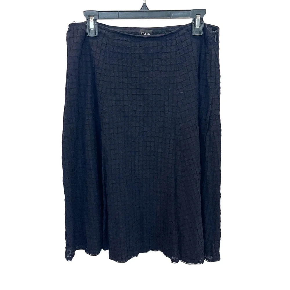 Eileen Fisher Black Textured Grid Midi Skirt Lagenlook Artsy Chic - Size Medium